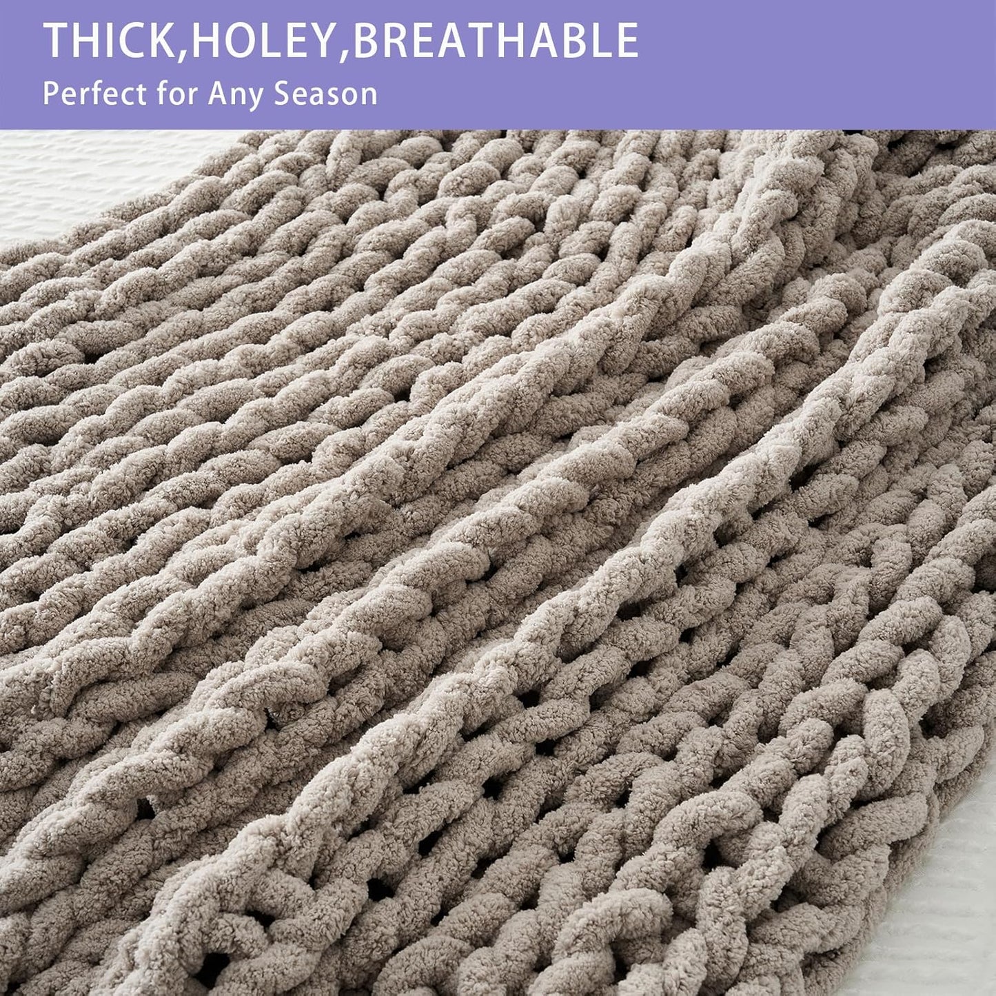 Bigacogo Chunky Knit Throw Blanket for Couch, 60x80 inches, 100% Hand Knitted with Thick Jumbo Chenille Yarn, Cozy Soft Large Rope Knot Cable Crochet Blankets for Sofa Bed Living Room, Taupe