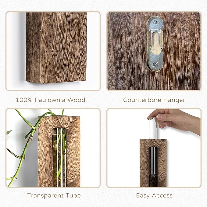 Wood Wall Vase Decor: Rustic Wooden Decor for Farmhouse Bathroom Kitchen Hallway - Hanging Plant Propagation Stations for Indoor Plants Dried Flowers Eucalyptus