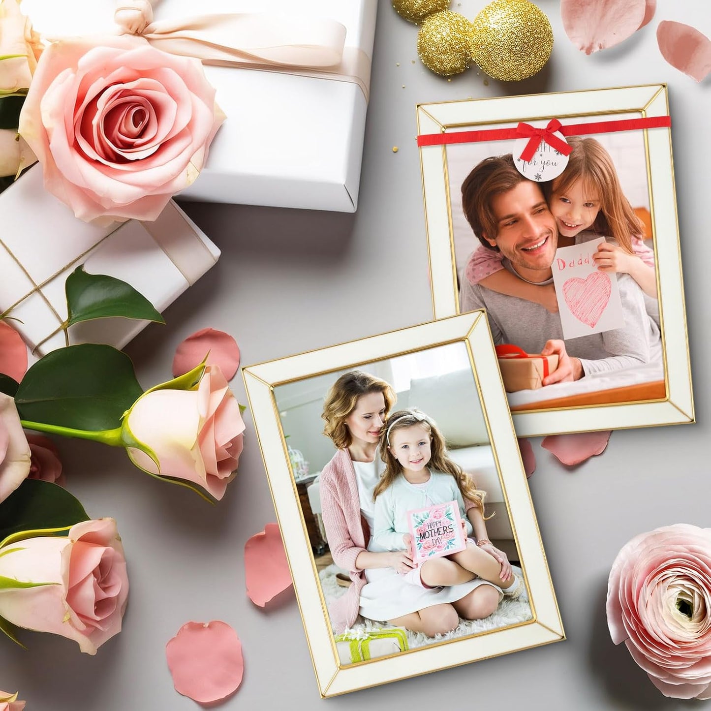 Frametory Enamel Picture Frame - 5x7 Gold Metal Edge White Enamel Picture Frame With Easel and Velvet Back for Tabletop Display, Bookshelf, 5x7 Wall Decoration, Photo Frames-2 Set