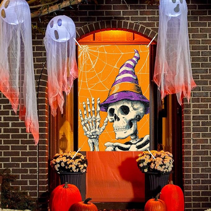 Nuxovilar Halloween Window Decorations, Skull in Witch Hat Halloween Window Cover for Indoor, Party, Haunted House, 31.5x47.3 Inches