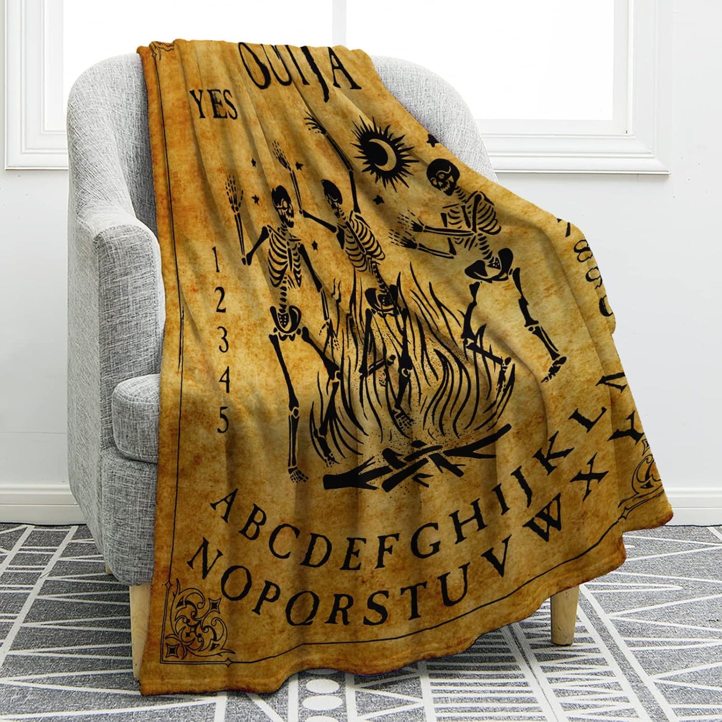 Jekeno Ouija Board Blanket Skeleton Skull Print Gifts for Men Kids Boys Home Bedroom Living Room Decor Soft Cozy Lightweight Throw Blankets Vintage Retro Yellow 60"x80"