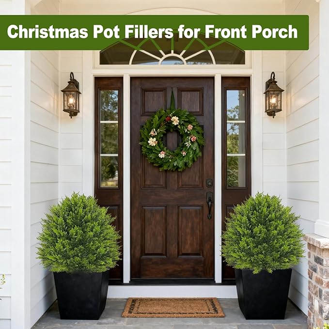 2 Pack 24”Artificial Topiary Ball Tree with Spike Soft Cypress Realistic Faux Cedar Pines Christmas Trees UV Rated Fake Shrubs for Christmas Pot Fillers Front Door Porch Indoor Outdoor Xmas Decor