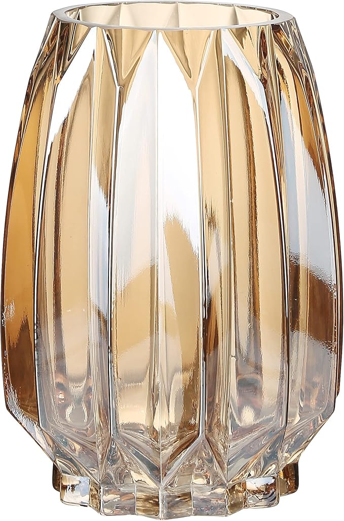 Amber Glass Vase Modern Ribbed Glass Vase for Flowers, Candles, and Decorative Accents - Tall/Short Glass Vase for Centerpieces Home Table Decor(Amber H7.87inch)