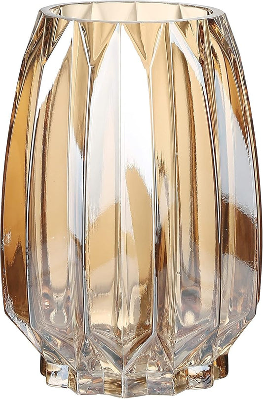 Amber Glass Vase Modern Ribbed Glass Vase for Flowers, Candles, and Decorative Accents - Tall/Short Glass Vase for Centerpieces Home Table Decor(Amber H7.87inch)