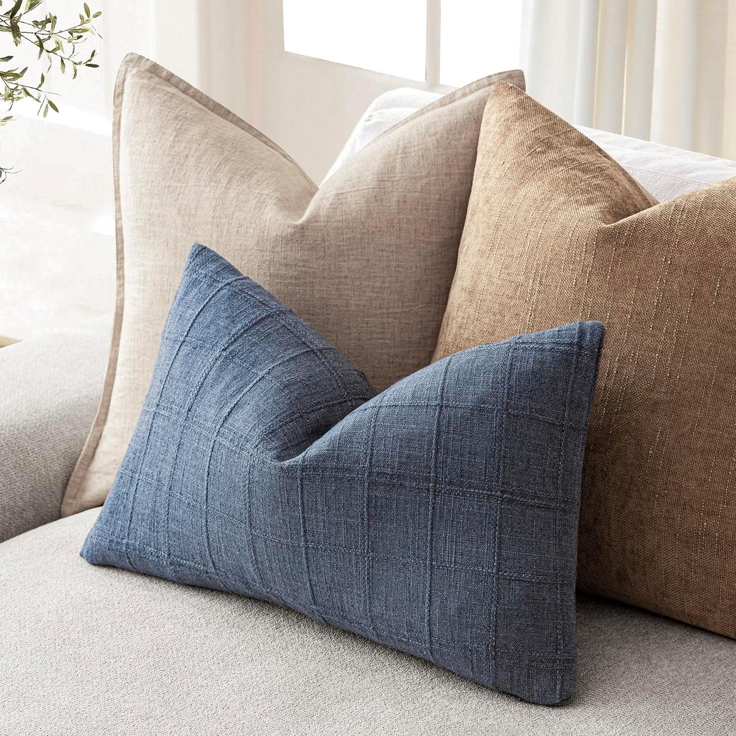 Foindtower Set of 2 Decorative Linen Check Throw Pillow Covers Neutral Farmhouse Lumbar Cushion Covers Modern Coastal Boho Home Decor for Sofa Chair Couch Bedroom Living Room,12×20 Inch,Blue