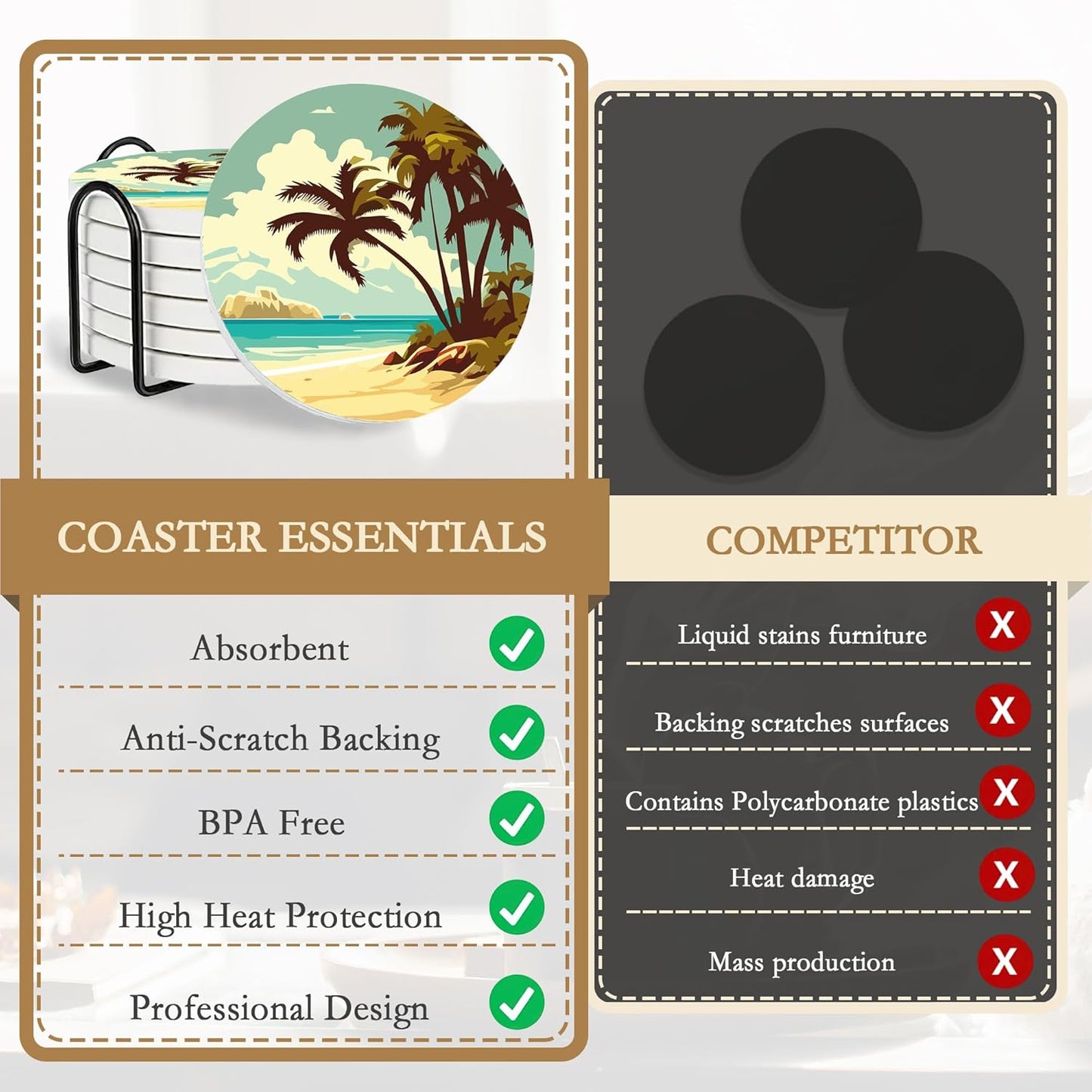 Drink Coasters with Holder,6 Pcs Palm Trees Beach Sunset Absorbent Ceramic Drink Pads, Non-Slip Table Protectors for Coffee & Glasses