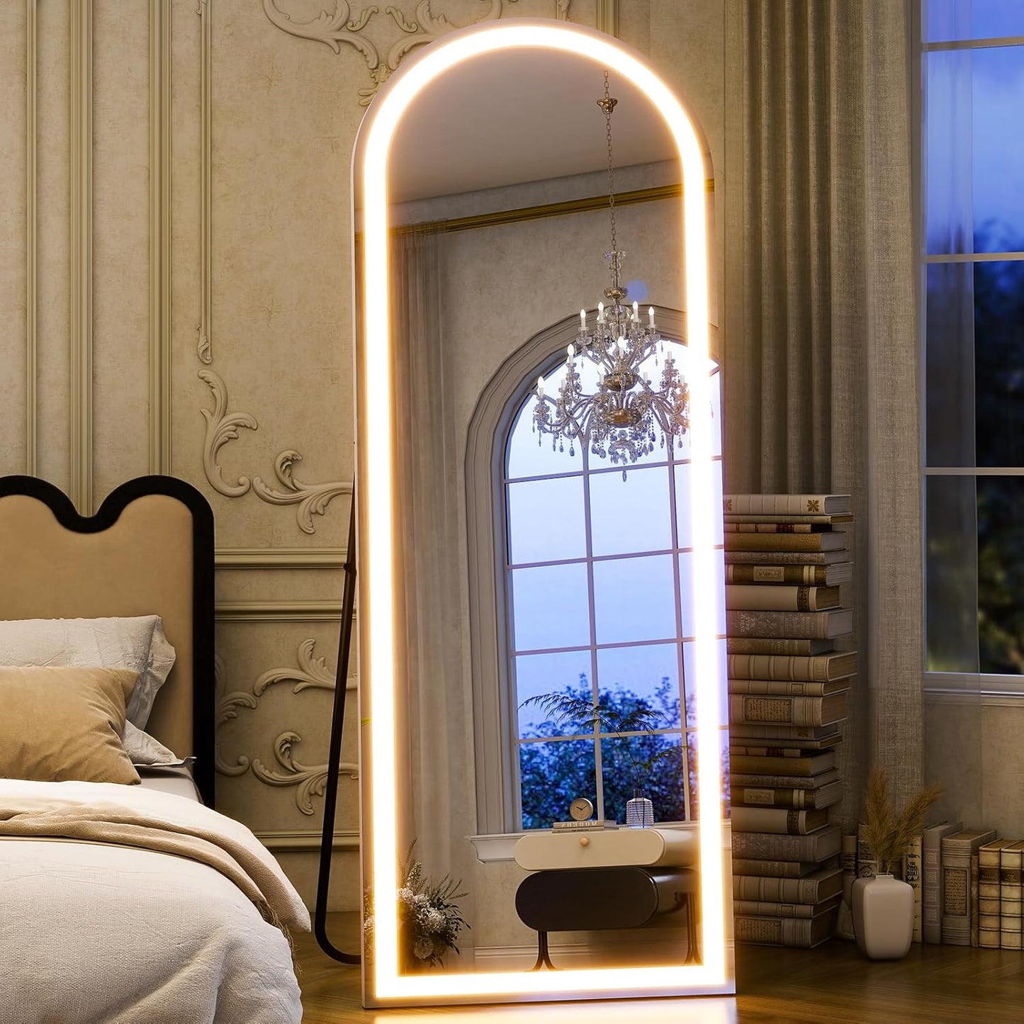 GLSLAND Arched LED Full Length Mirror 64" x 21" Arch Floor Body Standing Mirror with Lights Dimming Wall Mounted Hanging Floor Mirror for Bedroom