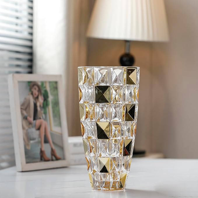 Unique Diamond-Shaped Gold Color Glass Flower Vase 11.8" Tall for Home Decor, Dining Wedding Table Office Holiday Party Centerpiece Decoration. (Gold)