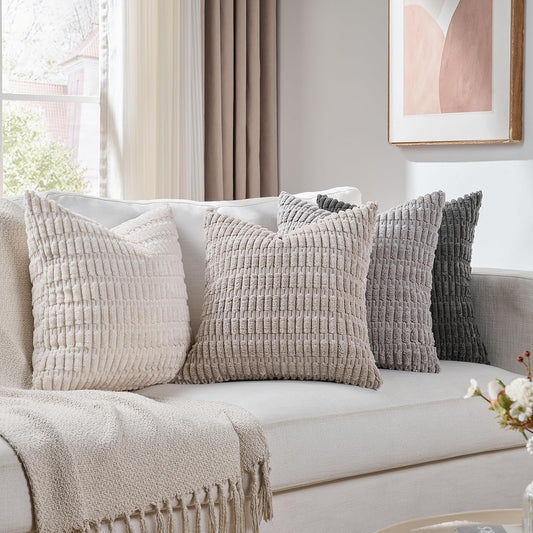 Fancy Homi Set of 4 Grey and White Boho Decorative Throw Pillow Covers 22x22 Inch for Couch Bed Sofa, Aesthetic Modern Bohemian Room Decor, Soft Fuzzy Cozy Corduroy Textured Cushion Case 55x55cm
