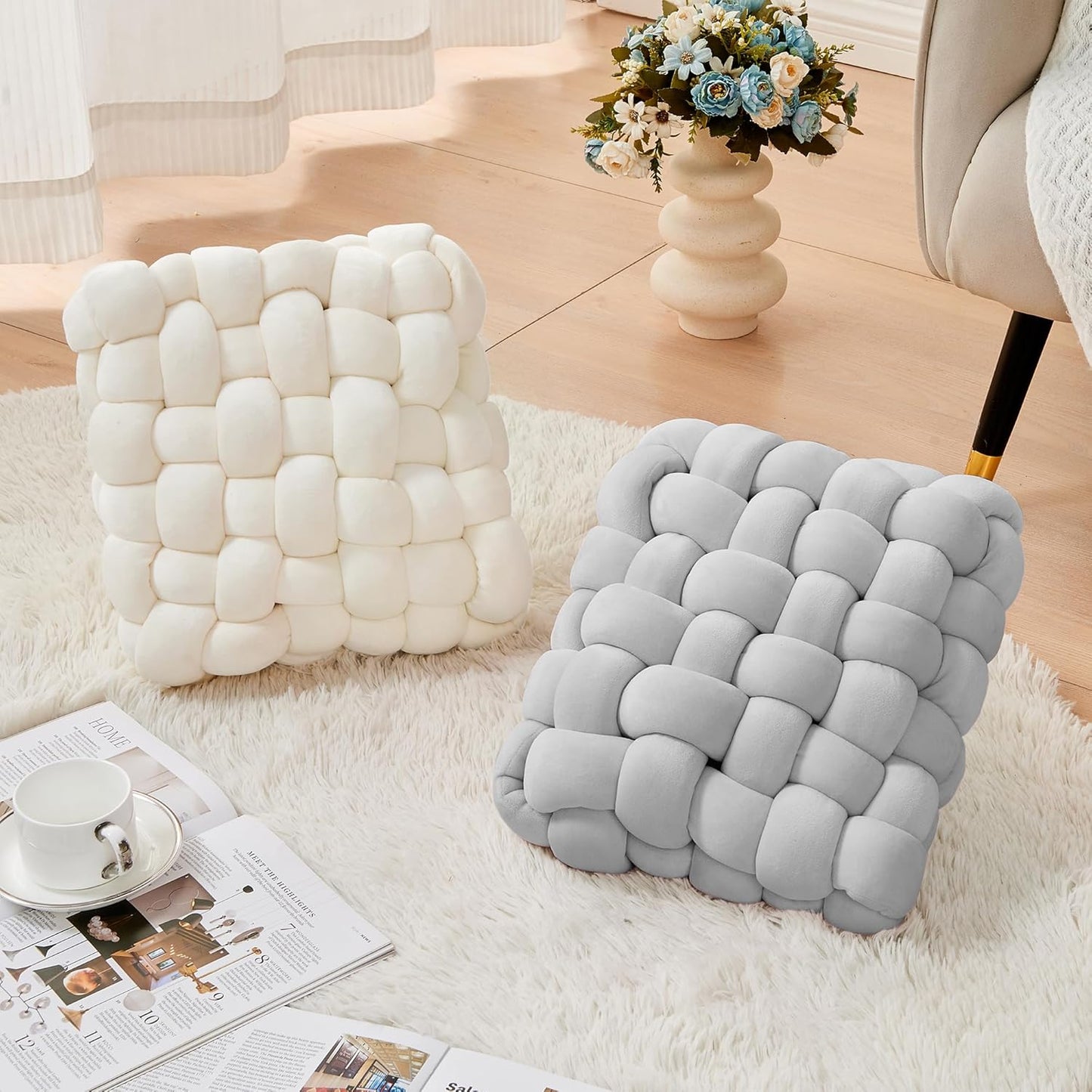 JELLYMONI Grey Square Knot Throw Pillow, Large Size Home Decorative Pillows, Decorative Ins Throw Pillows, Soft Velvet Knotted Decor for Bedroom, Living Room and Couch (L- 15"×15"×4", Grey)