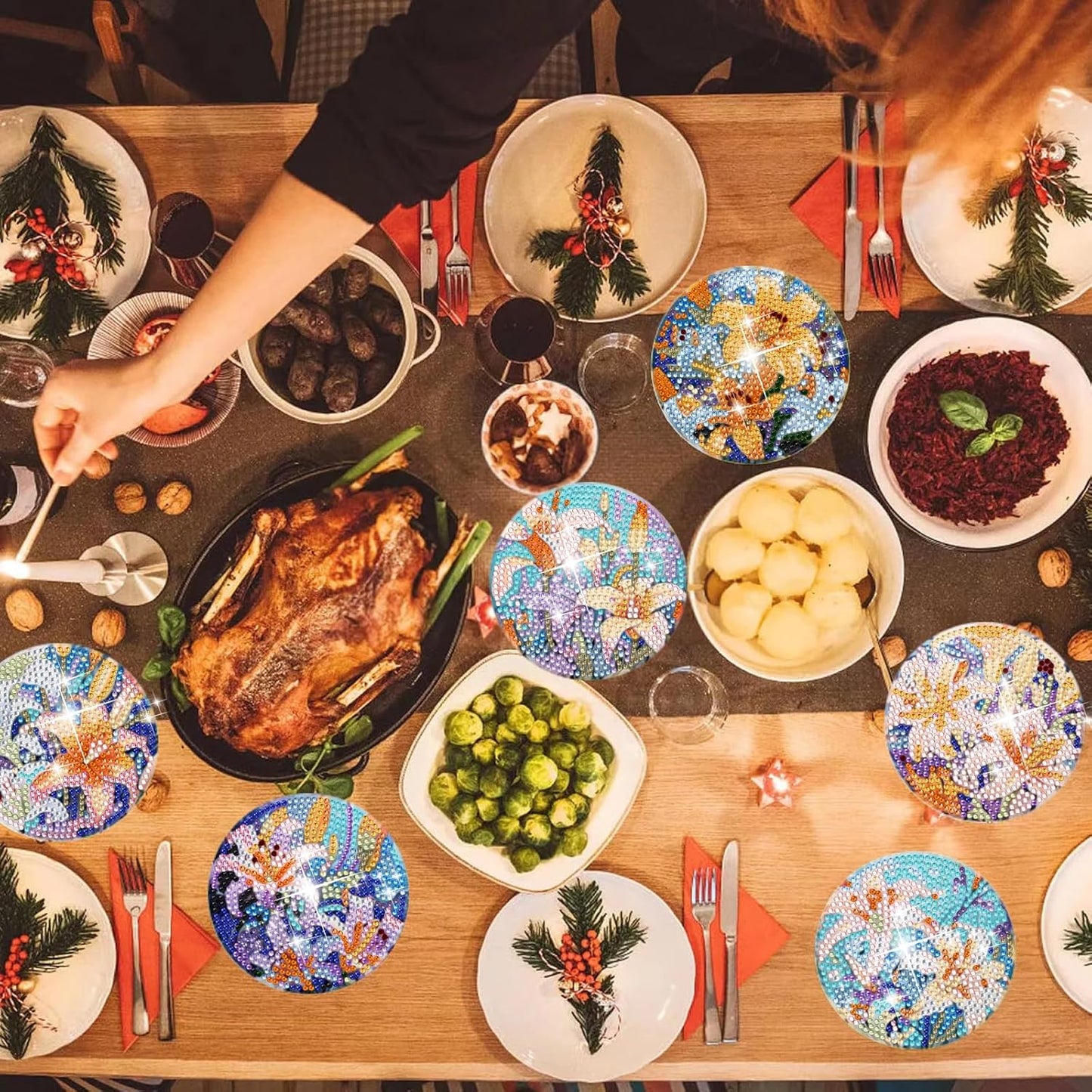 DOTSOPS 8 Pieces Flower Diamond Painting Coasters with Holder - Landscape Diamond Art Coasters with Cork Base for Beginners Adults & Craft Supplies Party