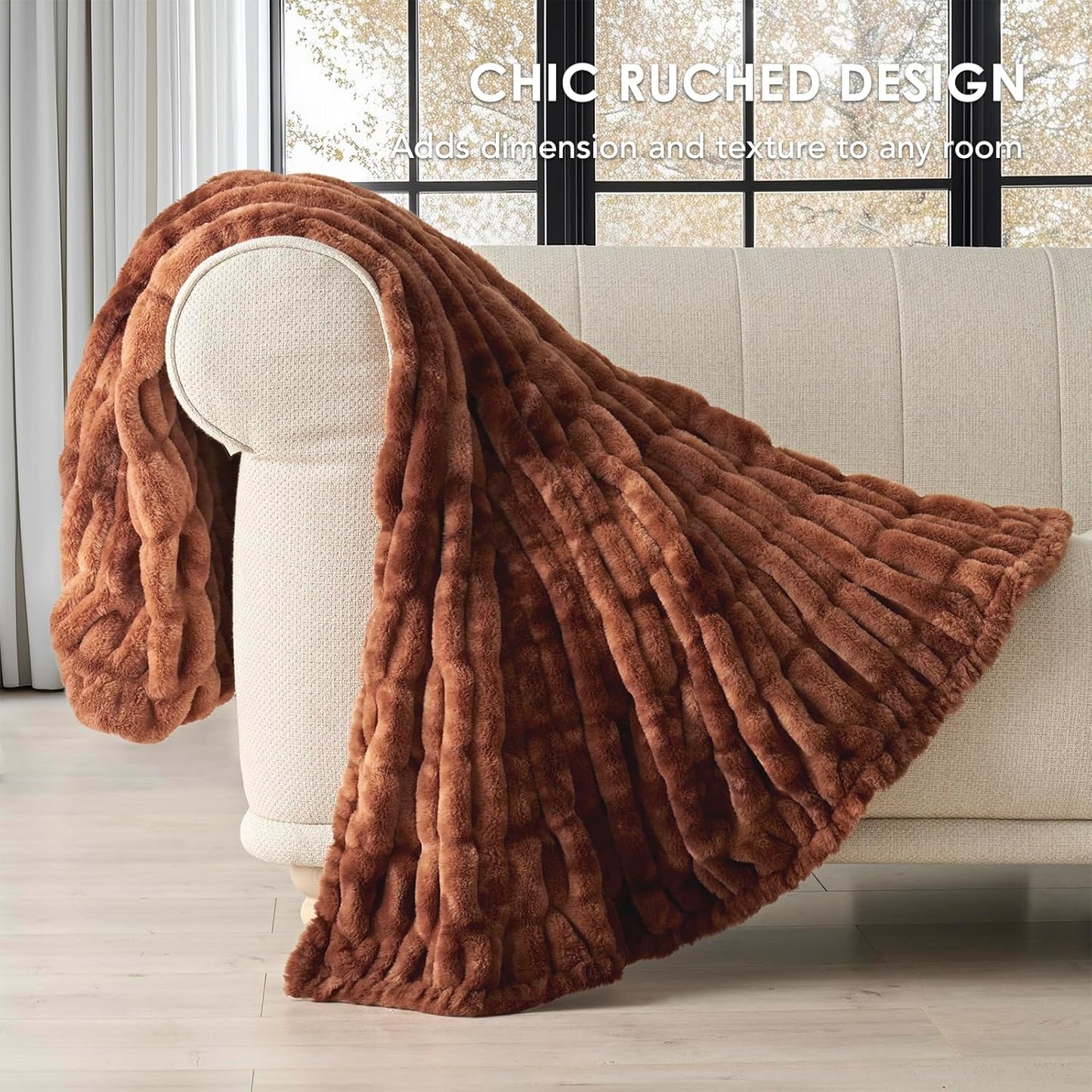 EVERGRACE Luxurious Soft Faux Rabbit Fur Throw Blanket, Cozy Fuzzy Plush Warm Throws for Couch Bed Sofa Chair Home Decor, Ruched Bubble Fluffy Blanket with Reversible Velvet, 50" x 60", Clay