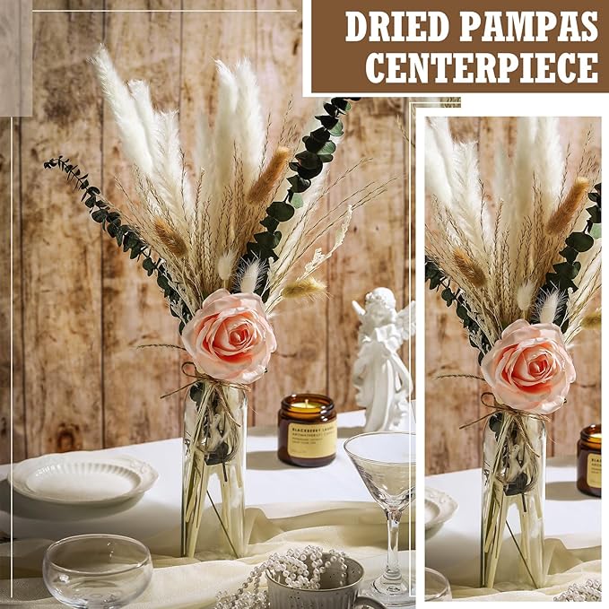 10 Set Dried Pampas Grass Centerpiece for Wedding 10 Clear Glass Jars 10 Artificial Roses 80 Dried Pampas Grass with Rope for Baby Shower Rustic Bridal Party Farmhouse Decoration(Pink)