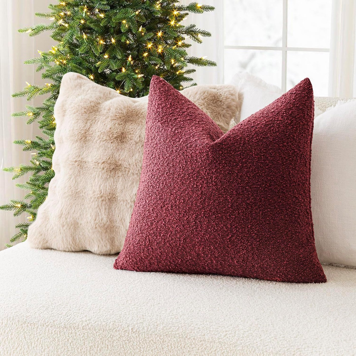 Foindtower Decorative Textured Boucle Throw Pillow Covers Accent Solid Pillow Cases Neutral Soft Cozy Couch Cushion Case for Chair Sofa Bedroom Living Room Home Decor 26 x 26 Inch,Burgundy Red
