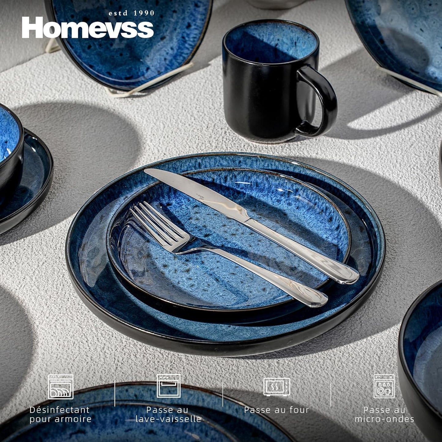 HomeVss 20-Piece Dinnerware Set - Serves 4, Reactive Glaze Bubble Blue Plates & Bowls Set | Microwave & Dishwasher Safe