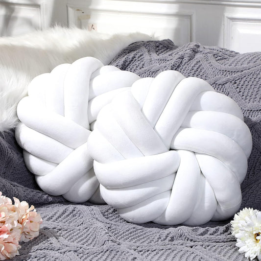 Fumete 2 Pcs 14 Inches Knot Pillow Round Throw Soft Plush Knot Ball Pillow Handmade Knotted Modern Home Decorative Cushion for Bed Bedroom, Sofa, Couch (White)