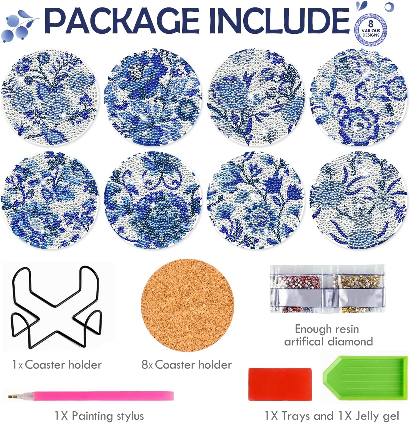 Blue Flower Diamond Art Coasters - 8 Pcs Diamond Painting Coasters Kits with Cork Base Home Table Decor DIY Crafts Party Supplies Mother's Day Birthday Gift for Adult Beginners