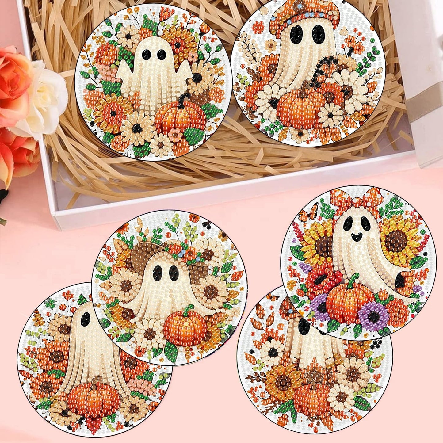 Meothan 8 Pcs Halloween Diamond Art Coasters Kits for Adults with Holder Cork Pads, Fall Diamond Dots Art Painting Coasters Crafts Kit for Home Office Decor (Ghost Theme)