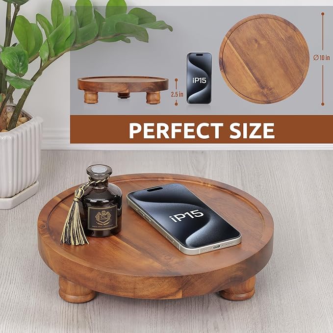 Demigo 10" Acacia Wood Round Tray - Decorative Plant Stand, Farmhouse Countertop Organizer, Multi-Purpose Display Pedestal, Riser Board for Soap, Perfume, Candles, Sponge, Bathroom, Kitchen