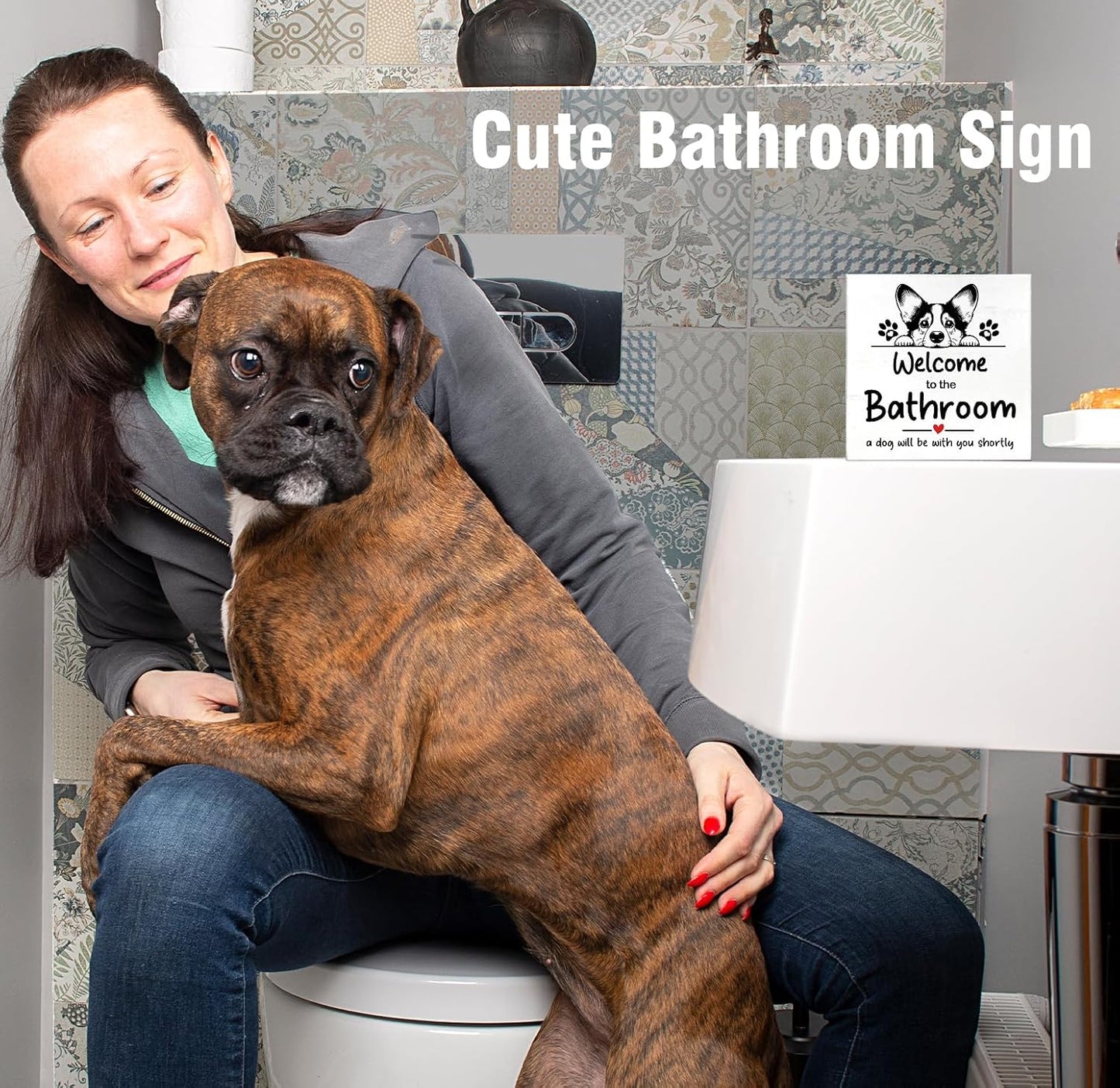 Cute Dog Bathroom Decor and Accessories Desk Wood Box Sign, Corgi Gifts for Corgi Lovers, Black and White Decor for Bathroom Signs, Welcome Sign for Bathroom, 5x5 inch