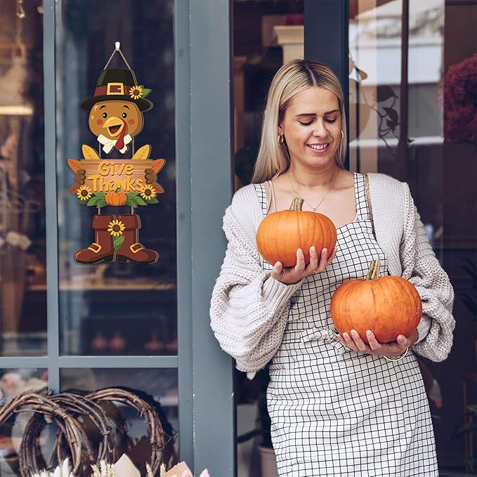Turkey Door Decor,Hello Fall Door Sign,Thanksgiving Day Sign,Autumn Wall Decor Give Thanks,Turkey Harvest Thanksgiving Door Decoration for Porch Farmhouse Outdoor Home Indoor Yard Office Party