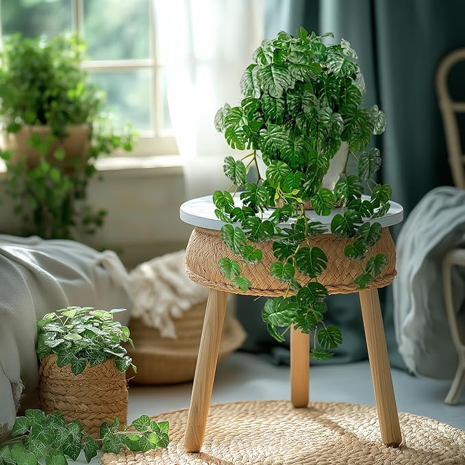 2 PCS Artificial Hanging Plants, Fake Hanging Monstera Leaves Ivy Vine Faux Greenery Tropical Palm Leaves Outdoor Hanging Plants Leaf Plant for Garden Home Decor