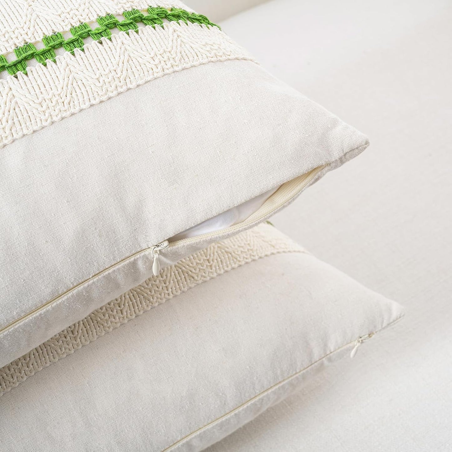 Fancy Homi Set of 2 Boho Lime Green Decorative Throw Pillow Cover 16x16 Inch for Couch Bed Sofa, Aesthetic Modern Organic Farmhouse Home Decor, Soft Cotton Cute Accent Macrame Woven Cushion Case