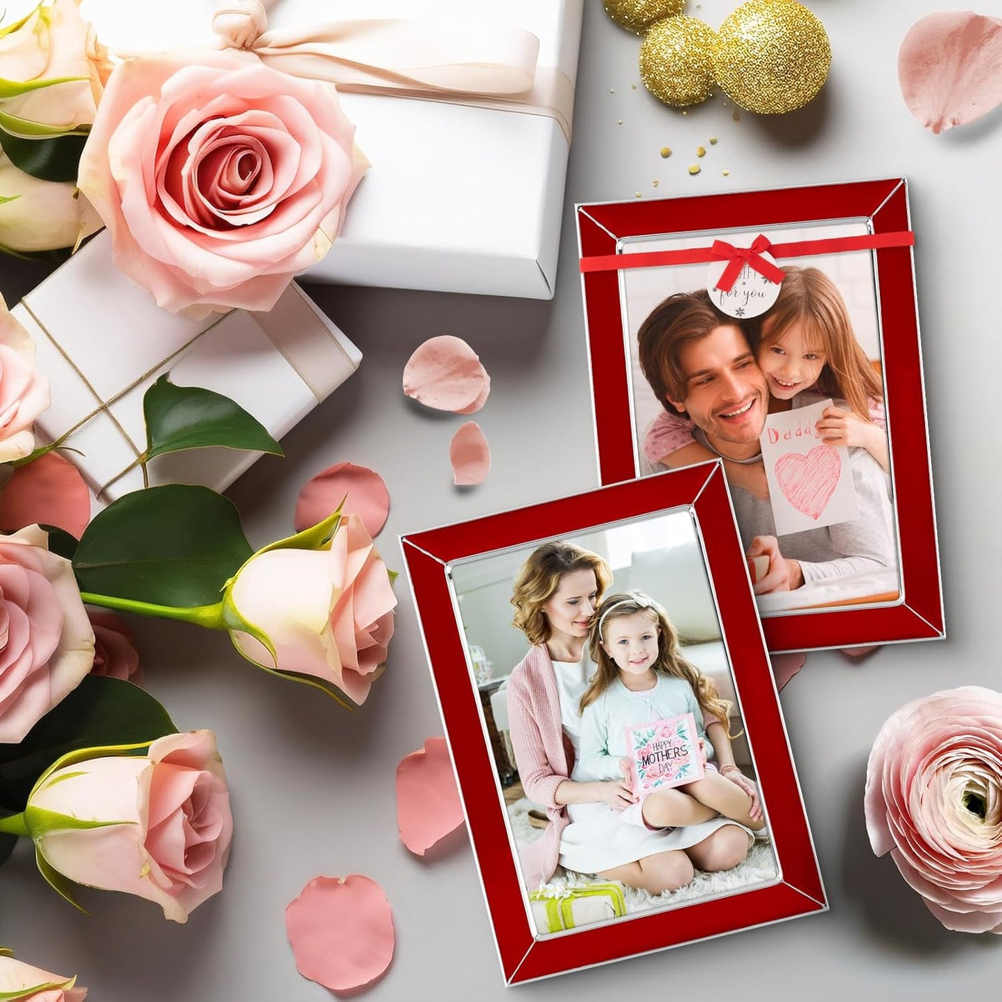 Frametory Enamel Picture Frame - 4x6 Silver Metal Edge Red Enamel Picture Frame With Easel and Velvet Back for Tabletop Display, Bookshelf, 4x6 Wall Decoration, Photo Frames, Picture Display-2 Set