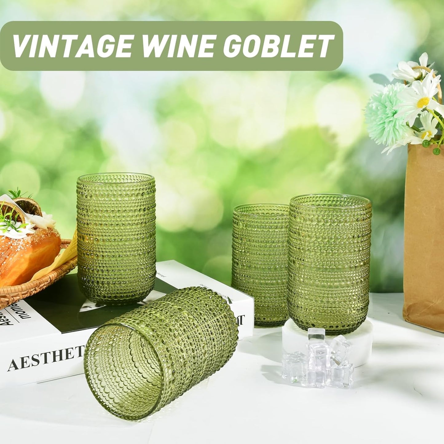 Hobnail Drinking Glasses Set of 6, 14 oz Vintage Glassware Set, Embossed Green Water Tumbler for Beer, Juice, Cocktail, Whiskey, Milk, Green