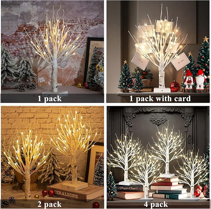 4pcs 36LED Lighted Birch Tree Home Decor - White Birch Tree with Lights Money Tree Wedding Centerpieces Artificial Branches Table (Warm White)