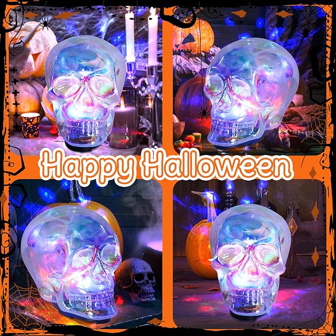 VCUTEKA Halloween Skull Human Light Indoor Decoration Skull Statue Halloween Sculptures with Colorful Light for Party Horror Decoration Holiday Decor Glass Figurines Gift