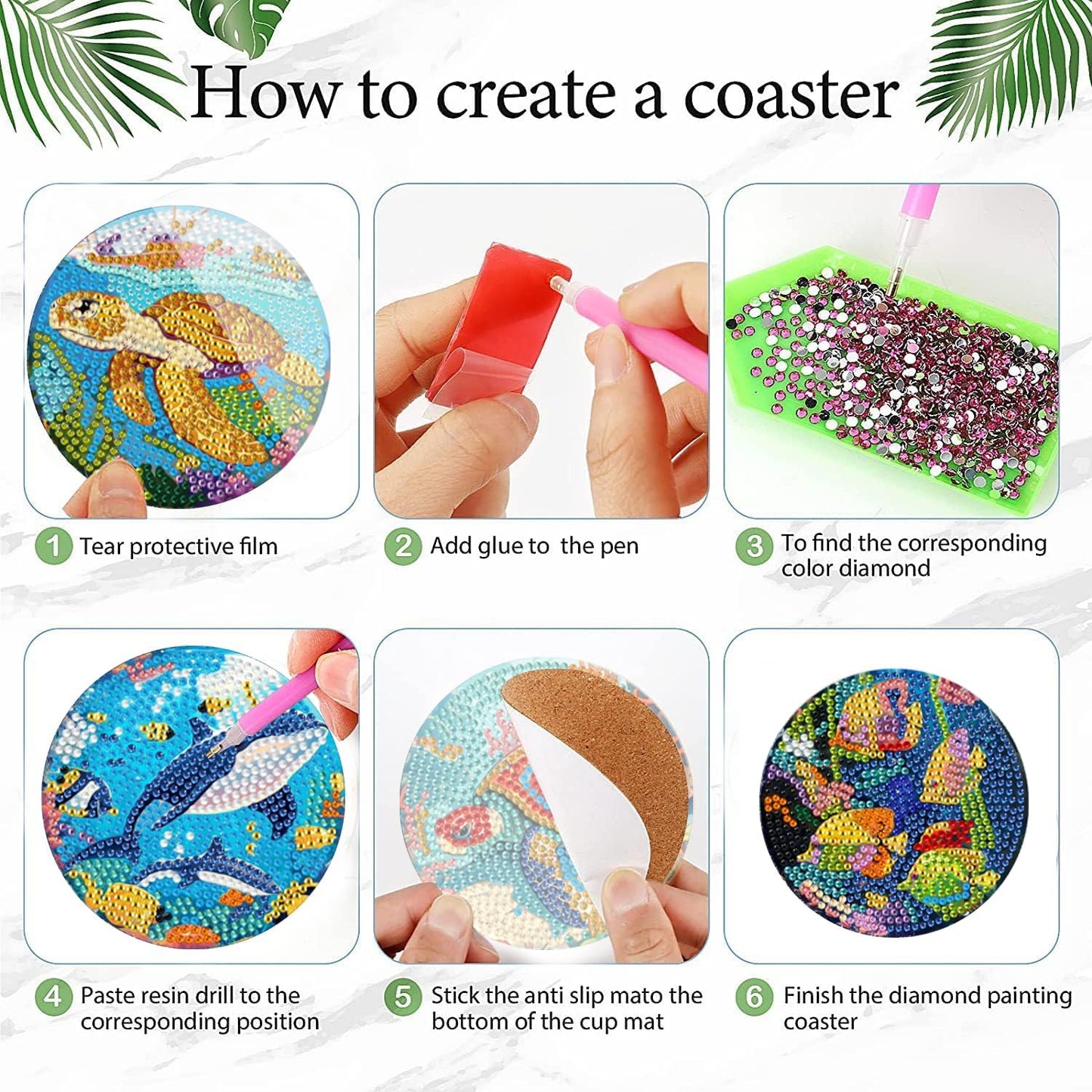 EWJRNSF 6 PCS Small Diamond Art Coasters Kits, Diamond Painting Coasters, Fall Diamond Art Kits for Adults Beginners, Arts and Crafts Item Sets with Holder for Drinks. Ocean