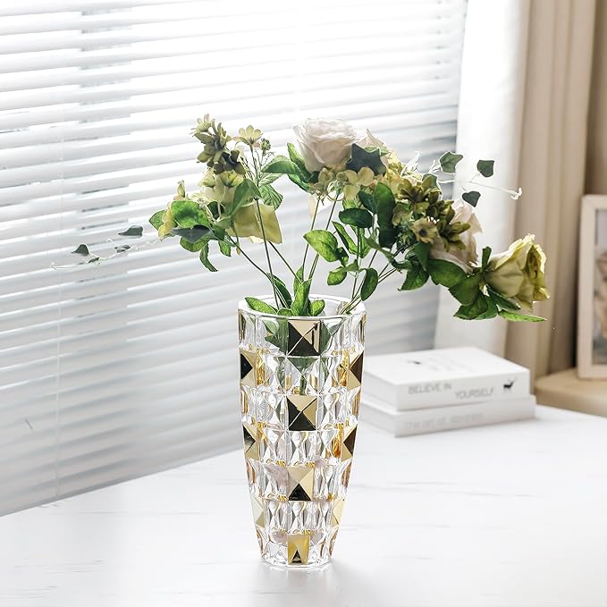 Unique Diamond-Shaped Gold Color Glass Flower Vase 11.8" Tall for Home Decor, Dining Wedding Table Office Holiday Party Centerpiece Decoration. (Gold)