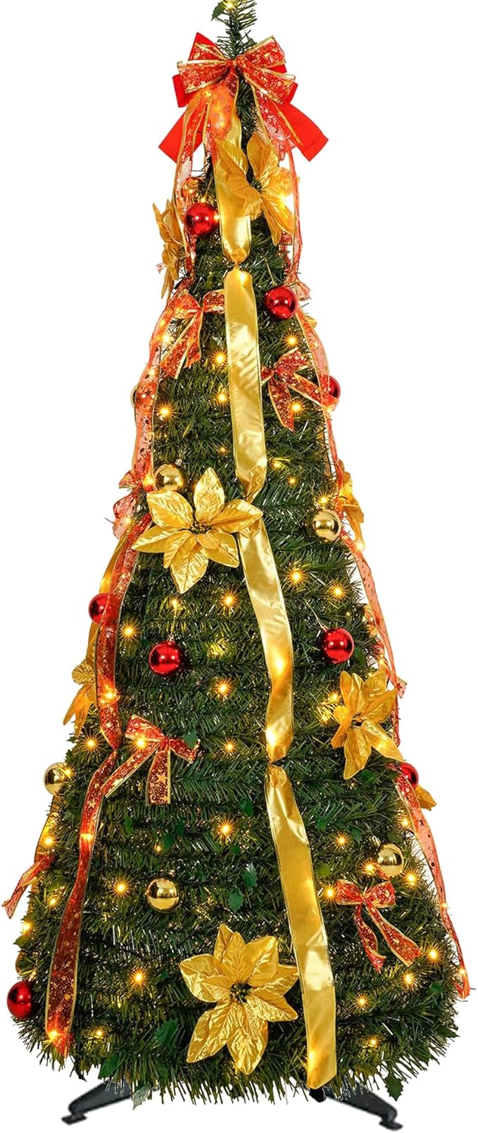 6 ft pre-lit Decorated Christmas Tree, 200 LED Warm Lights, pop-up Christmas Tree, Gold and red, PVC lit Christmas Tree