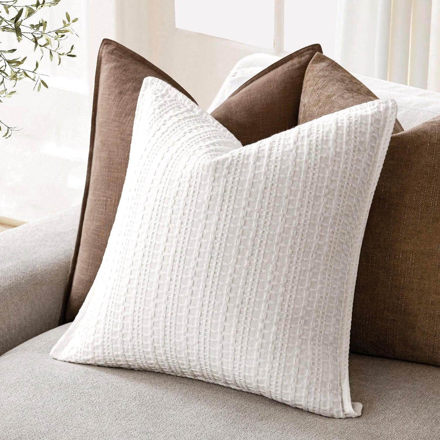 Foindtower Set of 2 Decorative Cotton Waffle Weave Throw Pillow Covers Euro Shams Cushion Covers Accent European Pillowcase for Bed Couch Sofa Bedroom Living Room Home Decor 22×22 Inch Cream White