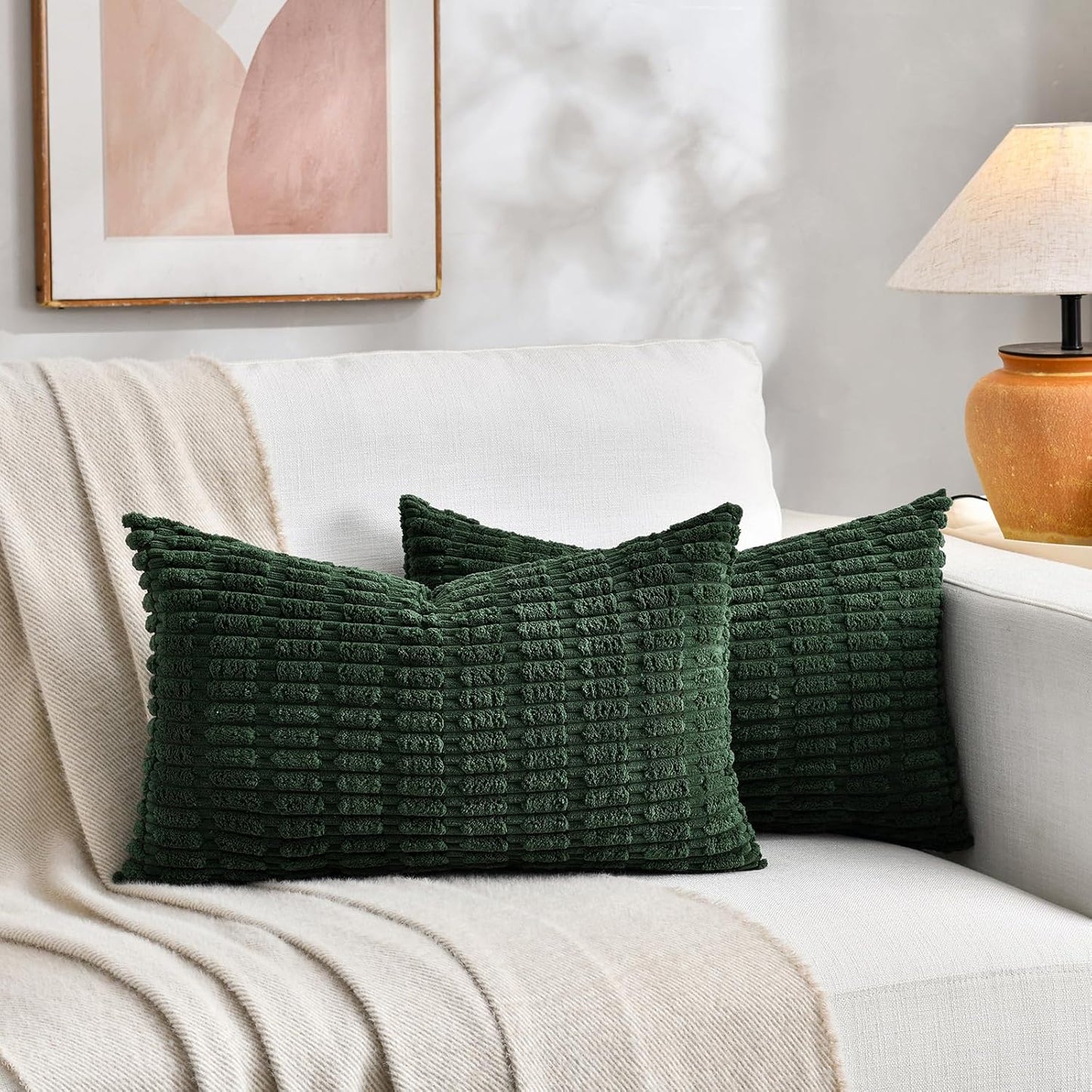 Fancy Homi Set of 4 Green Lumbar Rectangle Decorative Throw Pillow Covers 12x20 Inch for Couch Bed Chair, Aesthetic Boho Room Decor, Soft Fuzzy Thick Corduroy Textured Cushion Case 30x50cm