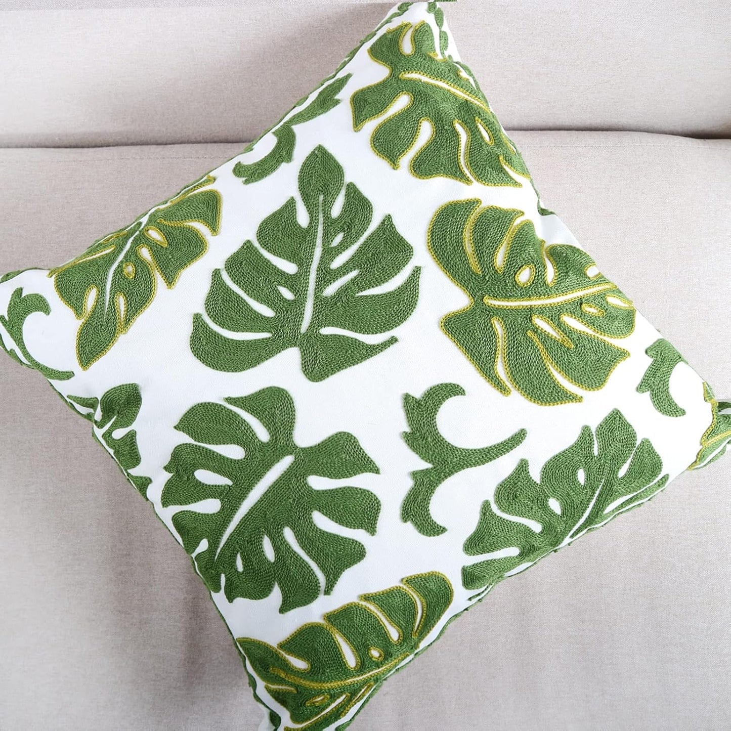 Embroidery Throw Pillow Cover 18x18 Tropical Leaves Home Decor Monstera Leaf Embroidered Green Floor Pillow Cover for Couch Sofa Chair 100% Cotton Cushion Cover Pillow Case 45x45cm, 1 Piece