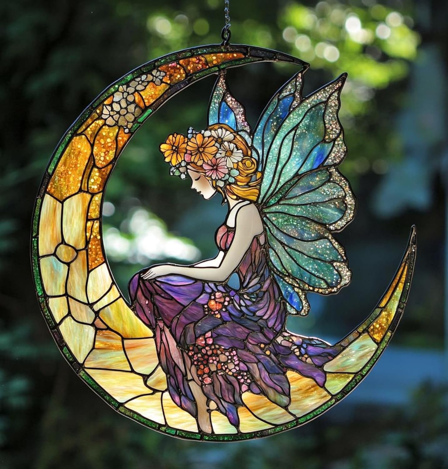 Fairy Moon Window Hanging Suncatcher Faux Stained Hummingbirds and Flowers for Women Elegant Home Wall Decor Suncatchers Indoor Window Suncatchers Windows