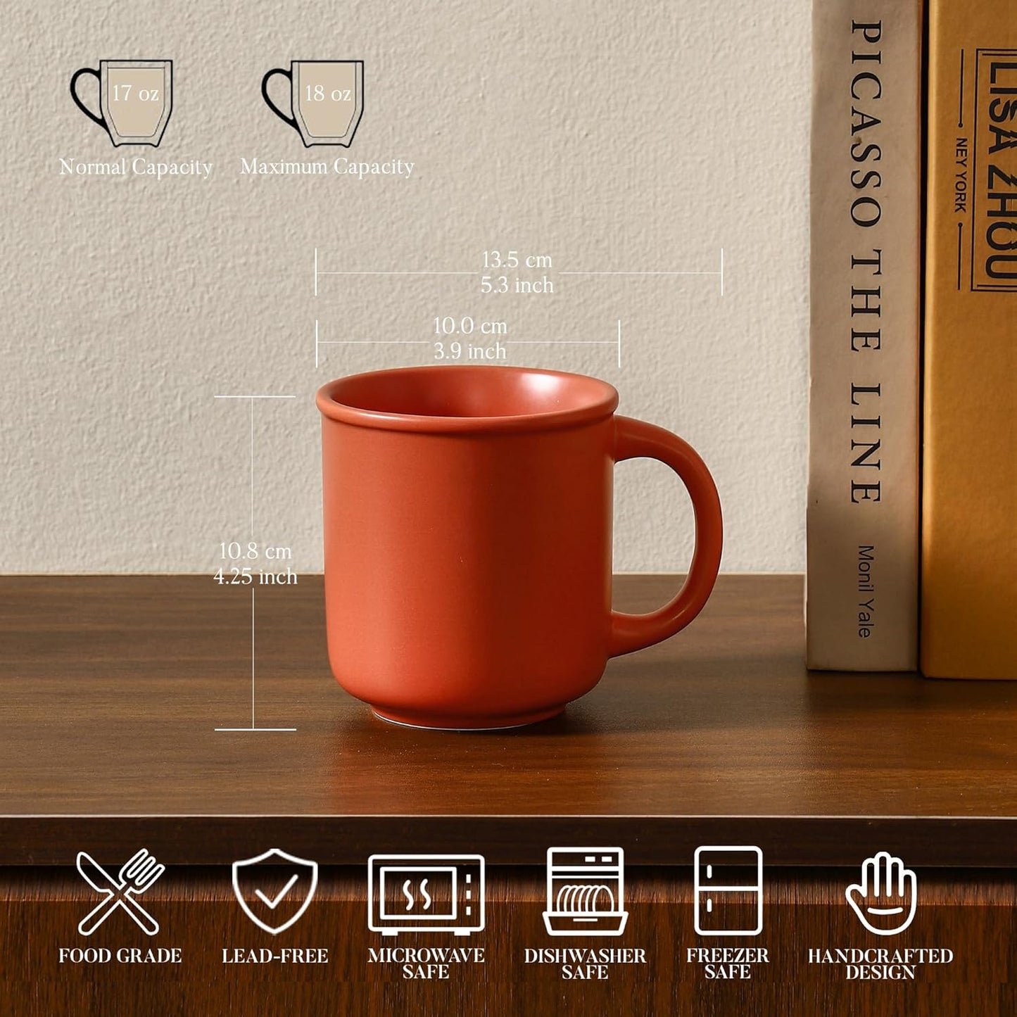 GZG 18 oz Coffee Mugs Set of 4, Modern Ceramic Coffee Cups Set with Handle, Large Coffee Mugs for Tea, Latte, Milk, Cocoa, Rustic Matte Glaze, Microwave & Dishwasher Safe(Terracotta Blush)