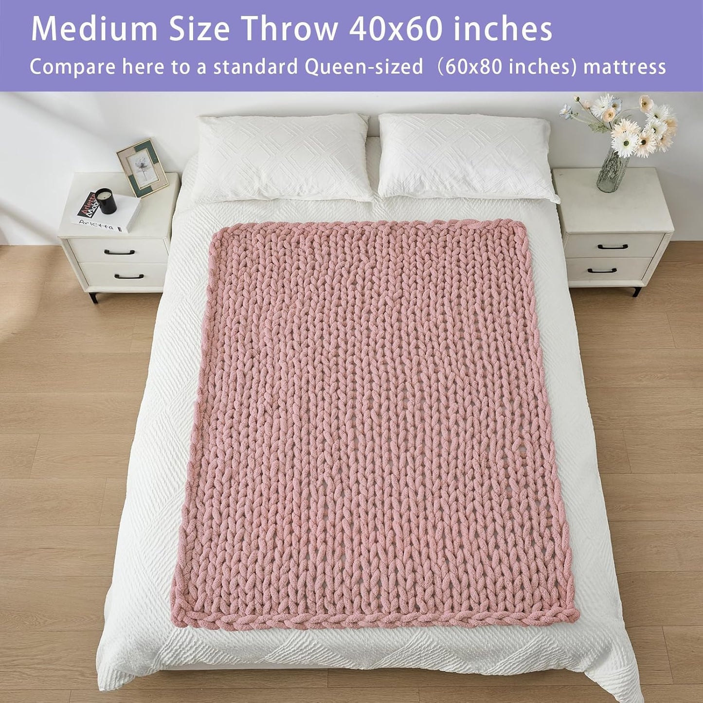 Bigacogo Chunky Knit Throw Blanket for Couch, 40x60 inches, 100% Hand Knitted with Thick Jumbo Chenille Yarn, Cozy Soft Large Rope Knot Cable Crochet Blankets for Sofa Bed Living Room, Dusty Pink