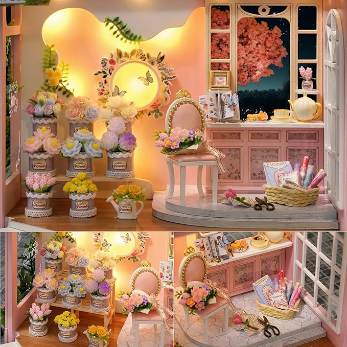 TuKIIE DIY Miniature House Kit with Furniture, 1:24 Scale Creative Room Mini Wooden Dollhouse Book Nook Plus Dust Proof & Music Movement for Kids Teens Adults(Flower Shop)