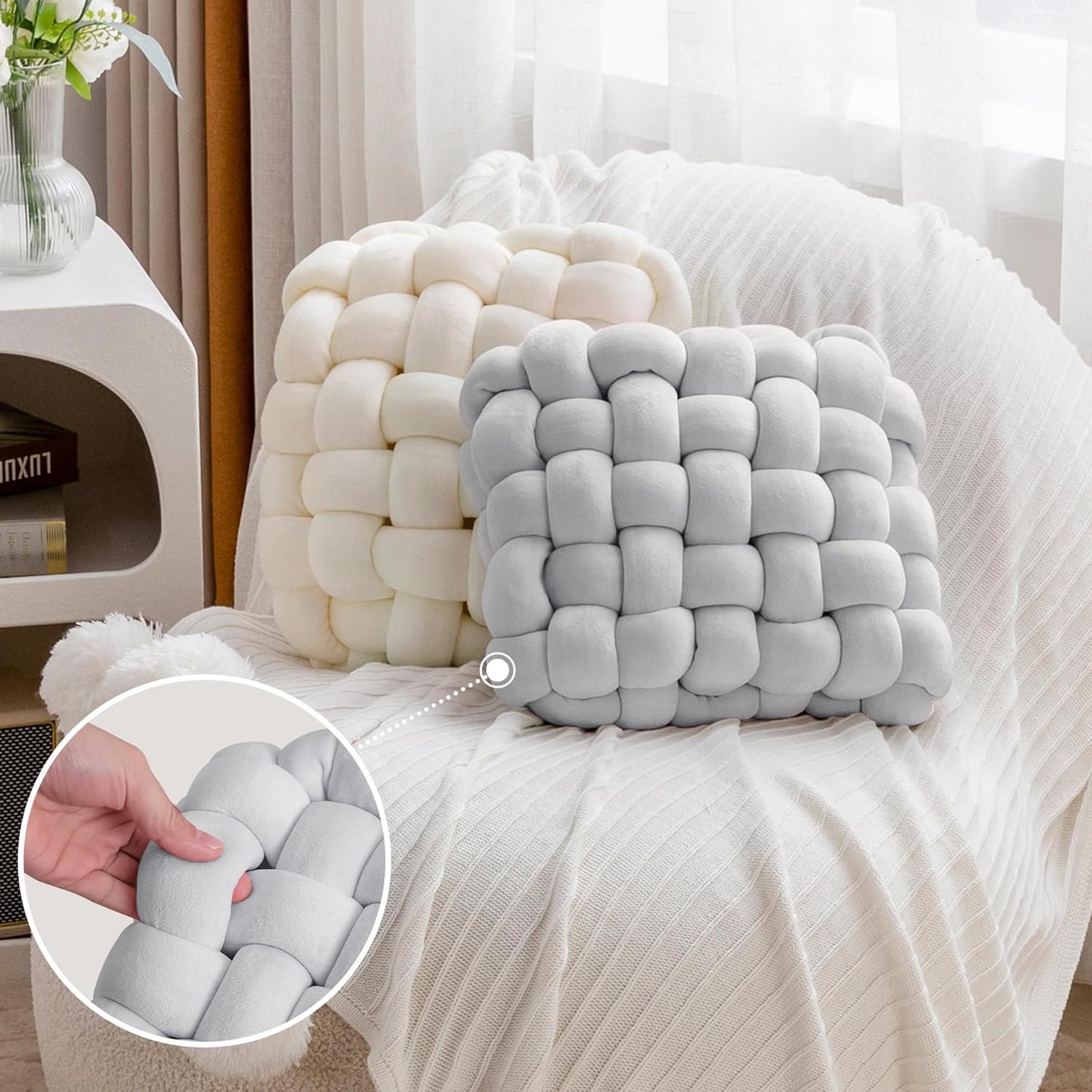 JELLYMONI Grey Square Knot Throw Pillow, Small Size Home Decorative Pillow, Decorative Ins Throw Pillow, Soft Velvet Knotted Decor for Room and Couch (S- 11.8"×11.8"×3.5", Grey)