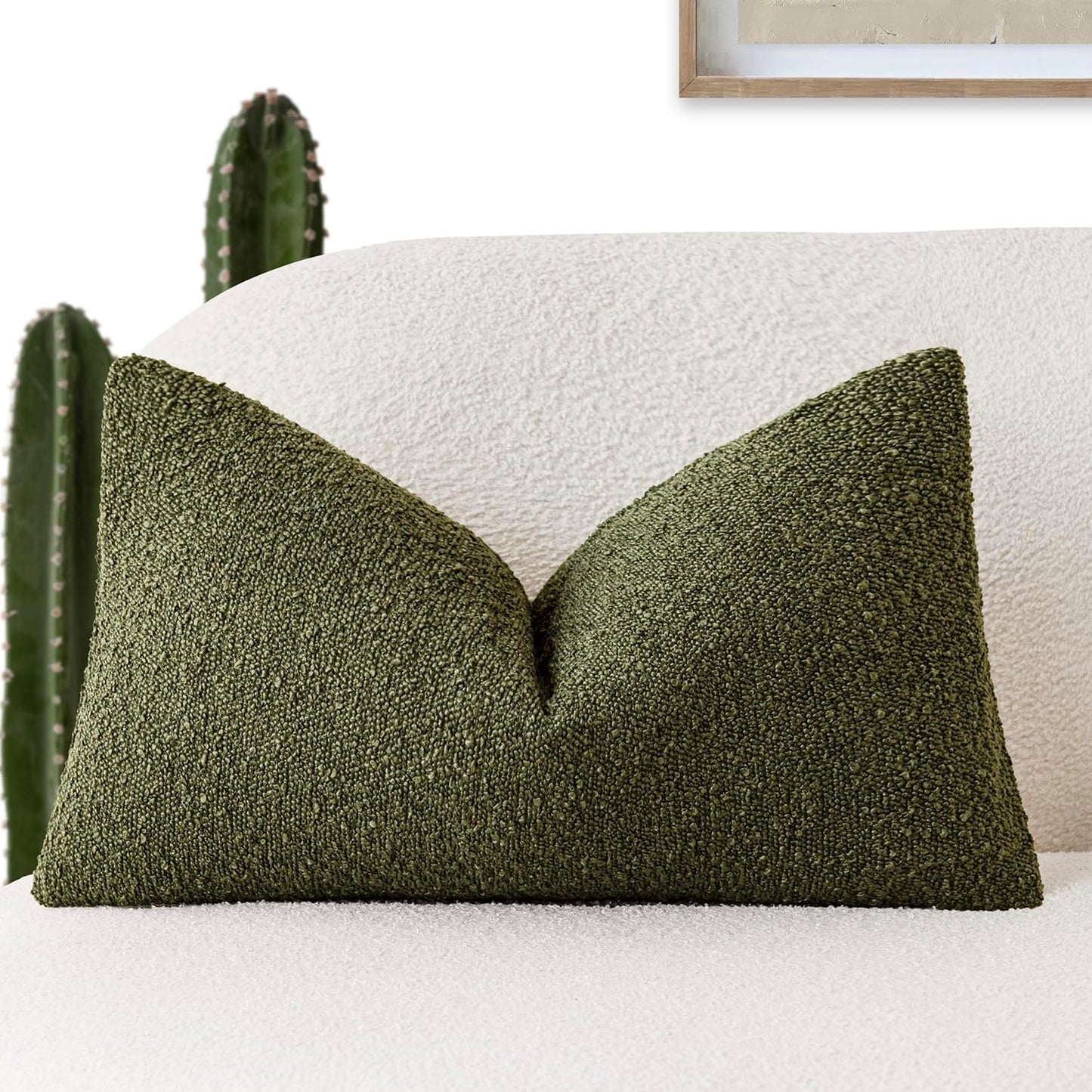 Foindtower Decorative Textured Boucle Throw Pillow Covers Accent Solid Lumbar Pillow Cases Neutral Soft Cozy Couch Cushion Case for Chair Sofa Bedroom Living Room Home Decor 12x20 Inch,1PC,Moss Green