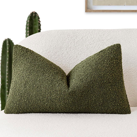 Foindtower Decorative Textured Boucle Throw Pillow Covers Accent Solid Lumbar Pillow Cases Neutral Soft Cozy Couch Cushion Case for Chair Sofa Bedroom Living Room Home Decor 12x20 Inch,1PC,Moss Green
