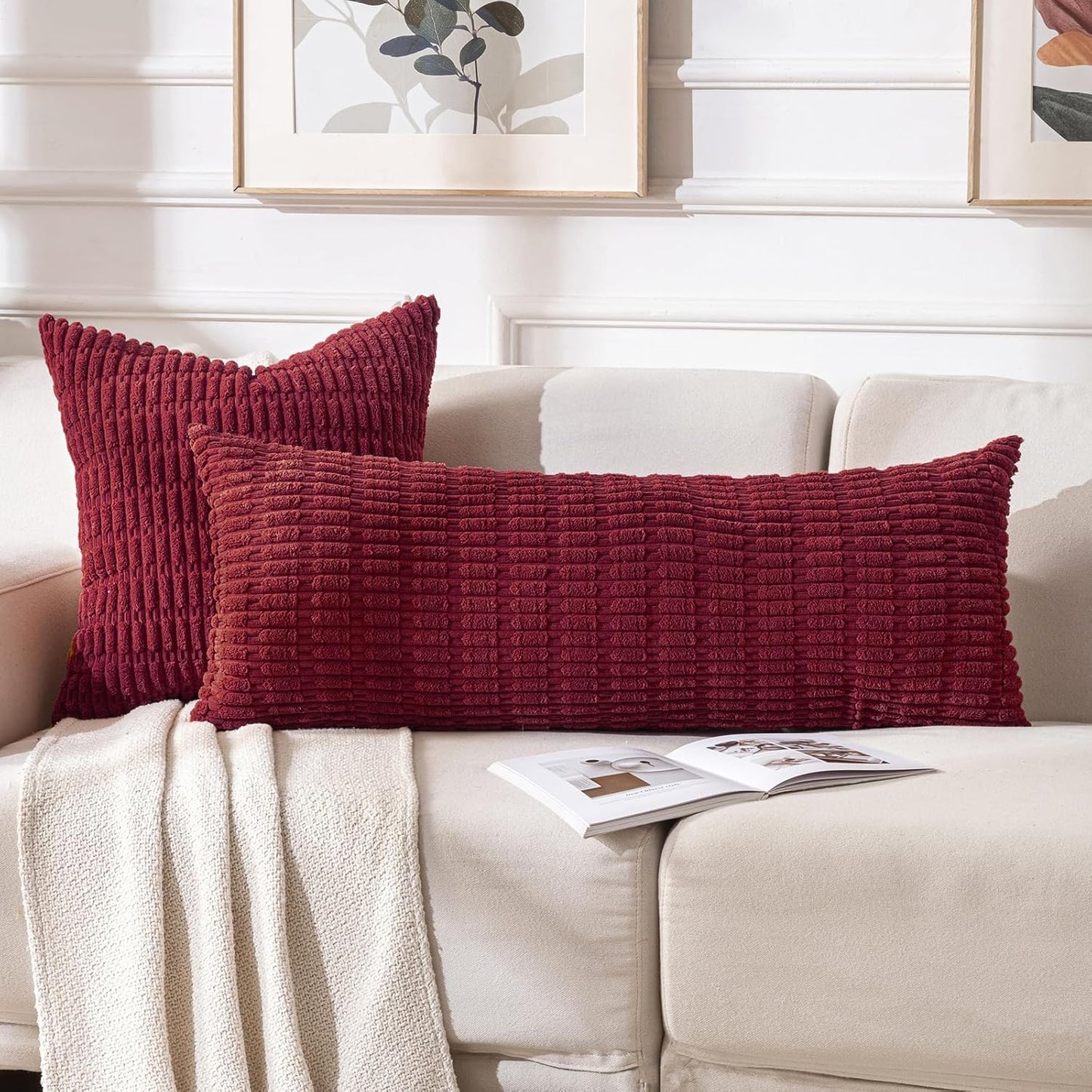 Fancy Homi Burgundy Long Body Lumbar Decorative Throw Pillow Covers 20x54 Inch for Bed Couch Bedroom Bench, Soft Corduroy Rectangle Solid Pillow Case, Rustic Farmhouse Boho Room Decor