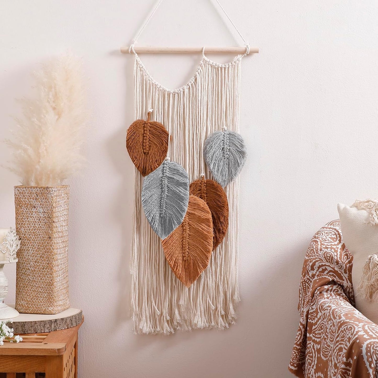 Macrame Leaves Tapestry Wall Decor- Bohemian Woven Tapestries Fall Leaves Wall Art, Large Boho Tassels Hanging Ornament Western Room Decor for Bedroom Living Room Dorm