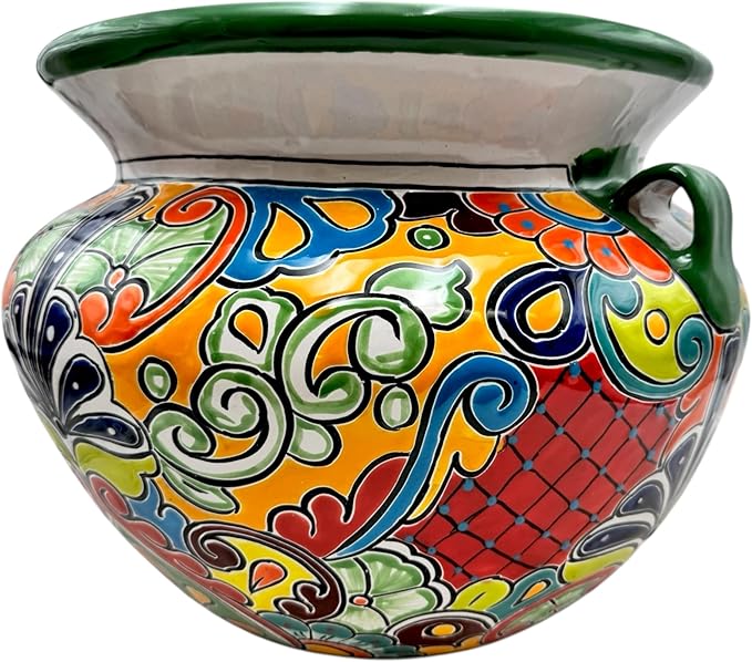 Talavera Michoacana Planter XL Pot Folk Art Multicolor Mexican Pottery Home Decor Hand Painted Garden Indoor Handmade Outdoor 18.5" (Multicolor)