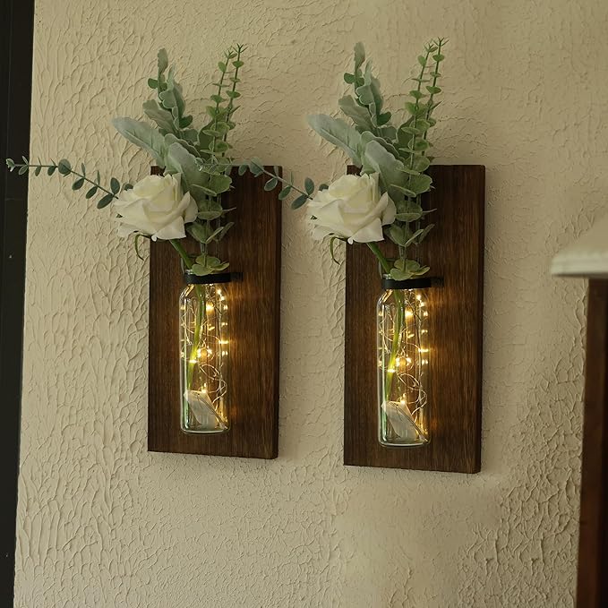 2 Pack Wood Glass Wall Sconces, Farmhouse Planters for Indoor Plants, Rustic Decor for Living Room, Hanging Vase (Brown)