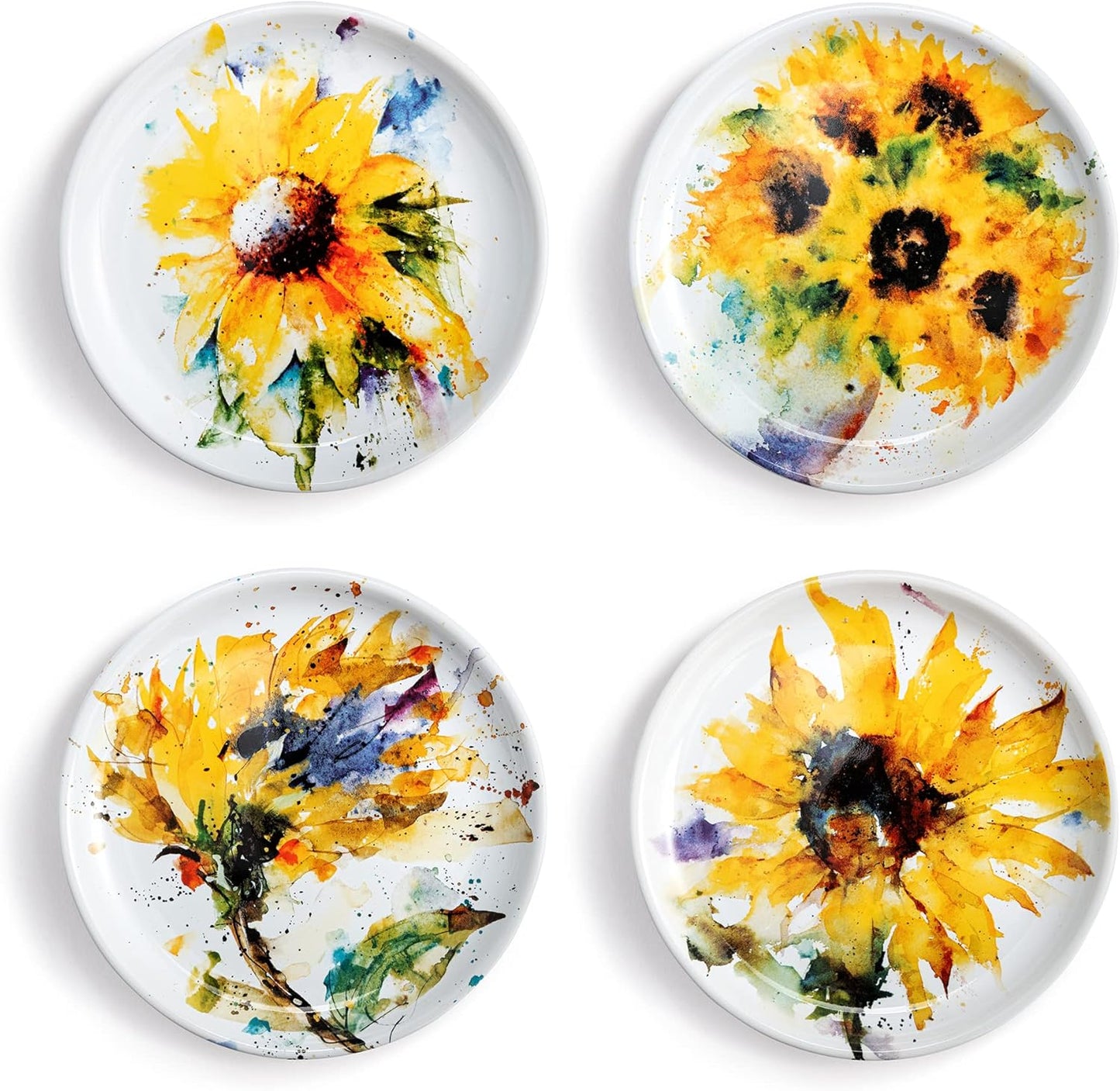 DEMDACO Watercolor Yellow Sunflowers 6.5 inch Stoneware Appetizer Plates Set of 4