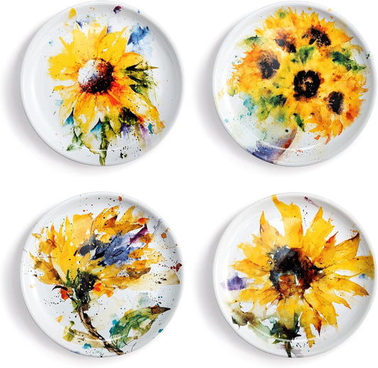 DEMDACO Watercolor Yellow Sunflowers 6.5 inch Stoneware Appetizer Plates Set of 4